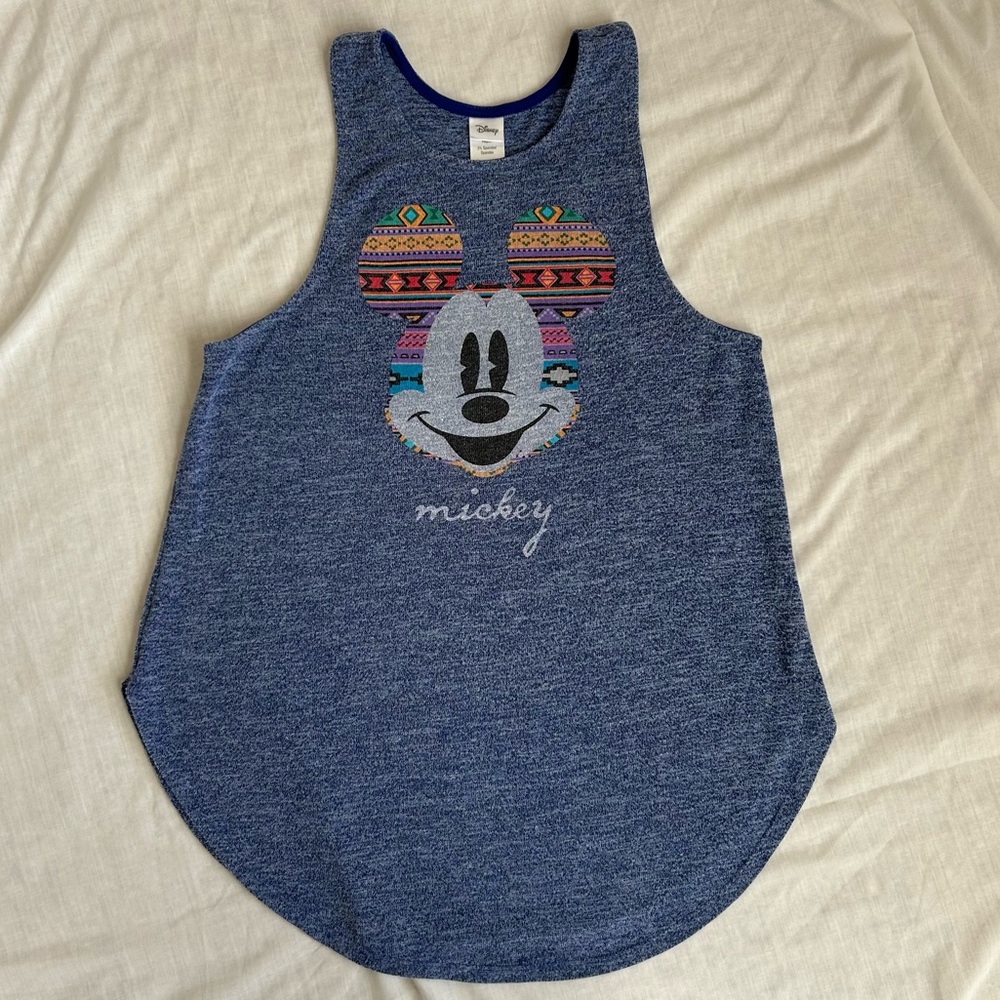 Disney Mickey Mouse Blue Aztec Graphic Knit Racerback Tank Top Shirt Size M